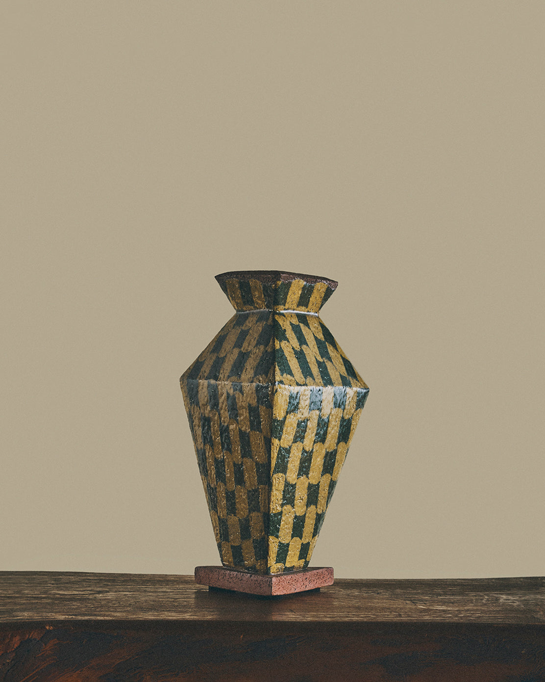 Triangular Vase in Ochre & Green Checkerboard