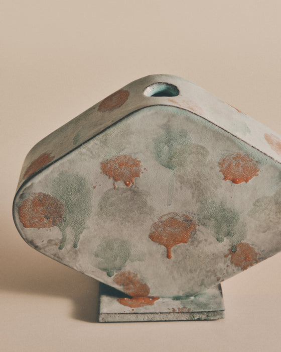 Horizontal Abstract Floral Rounded Vase - Blue & Coral