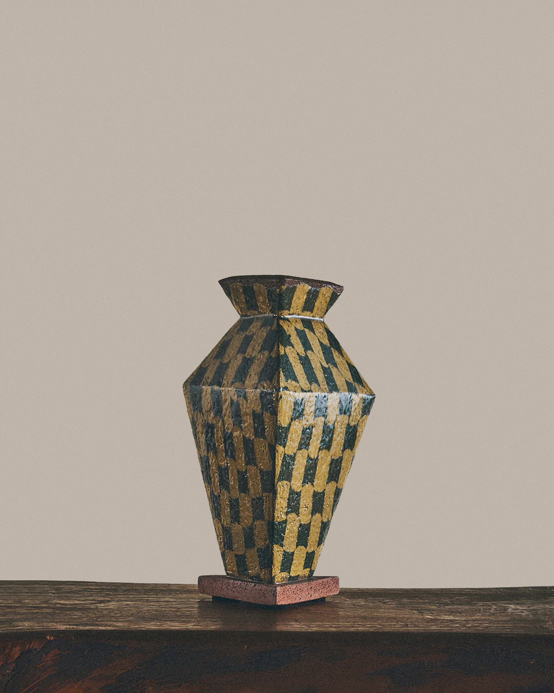 Triangular Vase in Ochre & Green Checkerboard