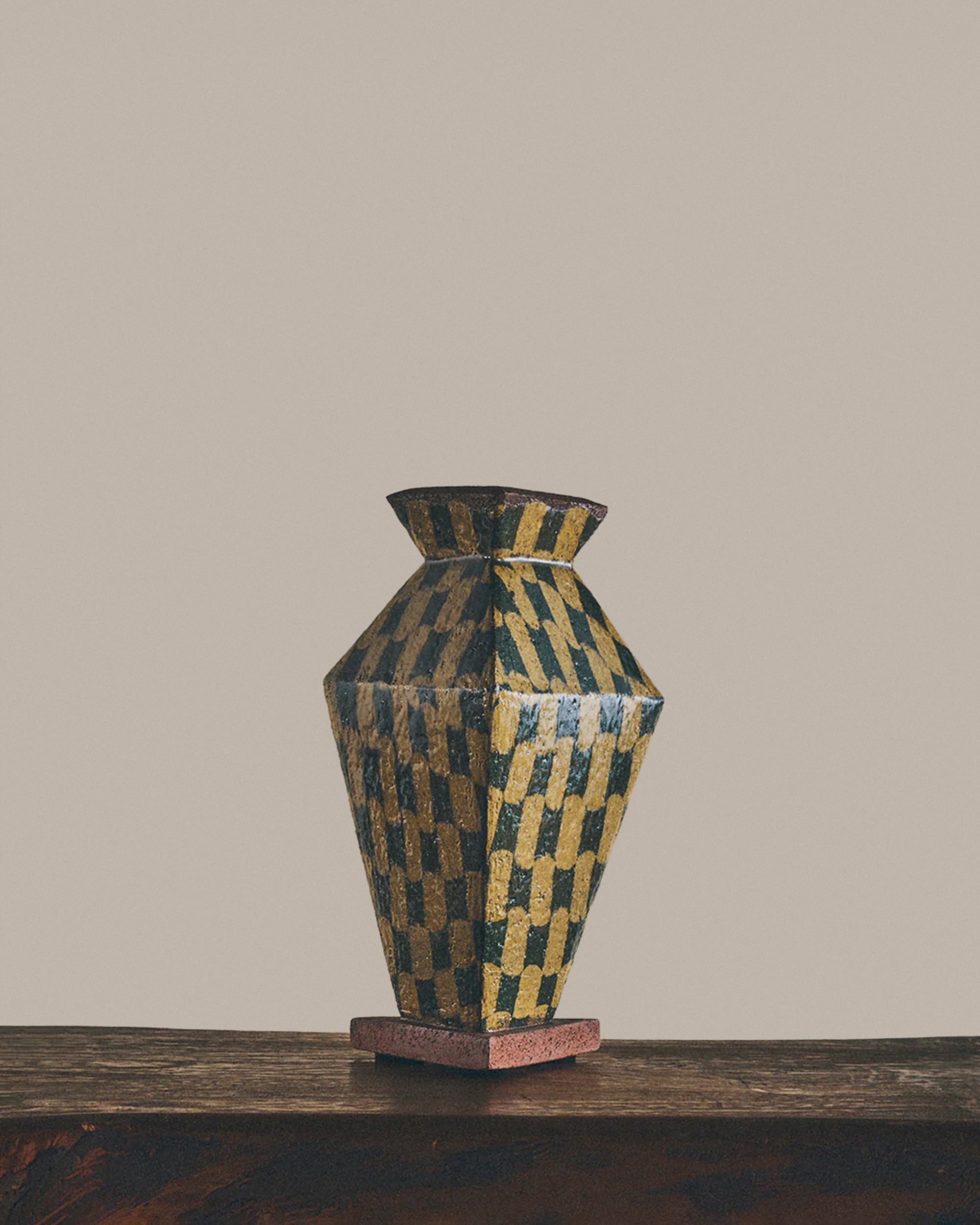Triangular Vase in Ochre & Green Checkerboard